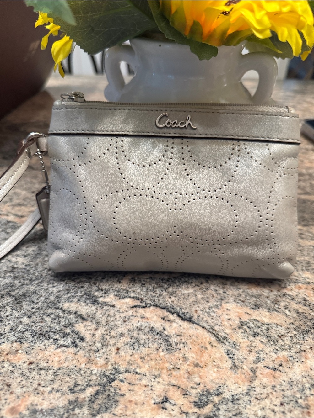 Coach Perforated Leather Wristlet in Light Gray